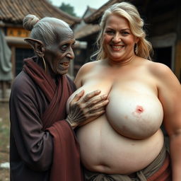 In a medieval village setting, an elderly black woman, very short and emaciated, with rotten teeth and elf-like ears, is dressed in a long, fully enclosed Buddhist robe