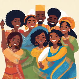 A fun depiction of people from all seven continents coming together and taking a group 'selfie'. Each individual represents their continent's traditional attire and culture, all smiling brightly into the camera.