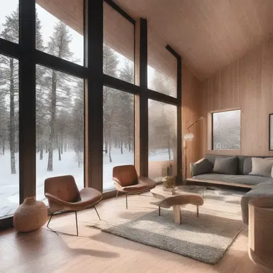 In modern Scandinavian architecture, the concept of hygge is embraced, with cozy wood cabins soaking up natural light through large windows, creating a warm and inviting atmosphere.