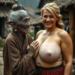In a medieval village, an elderly black woman, very short and emaciated with rotten teeth and elf-like ears, is dressed in a long, fully closed Buddhist robe