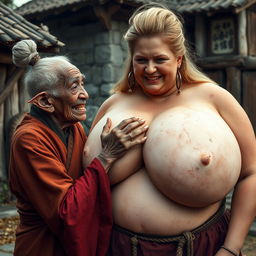 In a medieval village, an elderly black woman, very short and emaciated with rotten teeth and elf-like ears, is dressed in a long, fully closed Buddhist robe