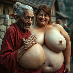 In a medieval village, an elderly black woman, very short and emaciated with rotten teeth and elf-like ears, is dressed in a long, fully closed Buddhist robe