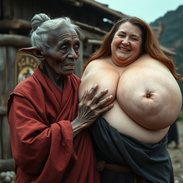 In a medieval village, an elderly black woman, very short and emaciated with rotten teeth and elf-like ears, is dressed in a long, fully closed Buddhist robe