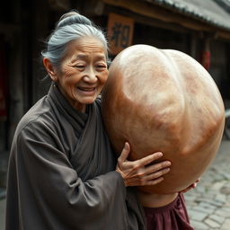 In a medieval Chinese village, an elderly, very petite and malnourished Chinese woman with decayed teeth wears a long, fully-closed Buddhist robe