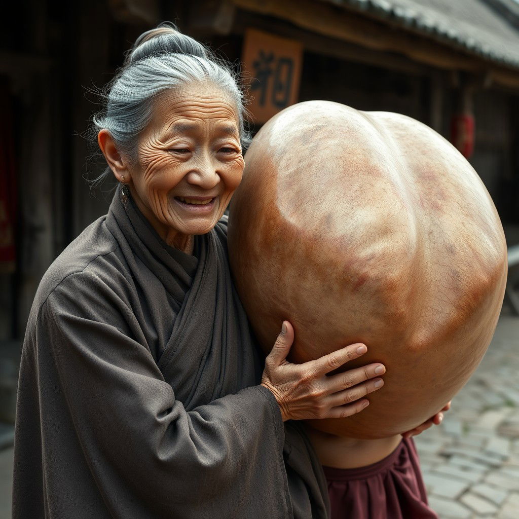 In a medieval Chinese village, an elderly, very petite and malnourished Chinese woman with decayed teeth wears a long, fully-closed Buddhist robe