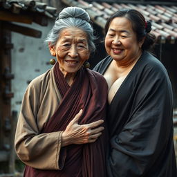 In a medieval Chinese village, an elderly, very petite and malnourished Chinese woman with decayed teeth wears a long, fully-closed Buddhist robe