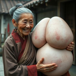 In a medieval Chinese village, an elderly, very petite and malnourished Chinese woman with decayed teeth wears a long, fully-closed Buddhist robe