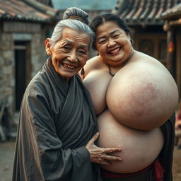 In a medieval Chinese village, an elderly, very petite and malnourished Chinese woman with decayed teeth wears a long, fully-closed Buddhist robe