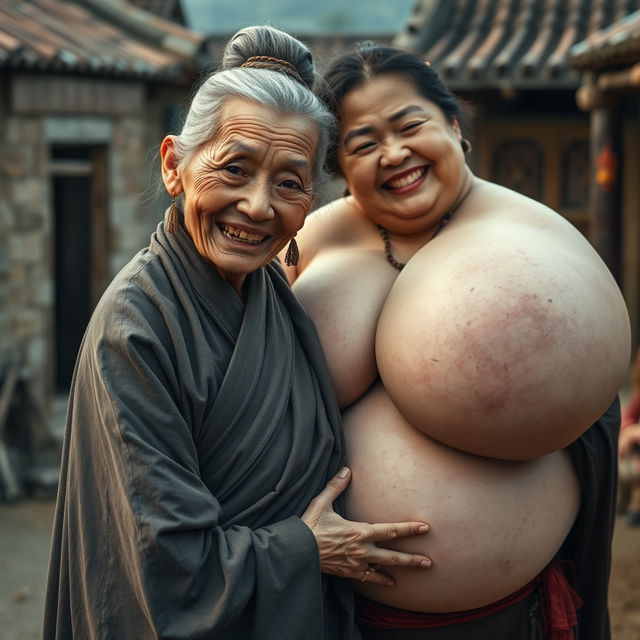 In a medieval Chinese village, an elderly, very petite and malnourished Chinese woman with decayed teeth wears a long, fully-closed Buddhist robe