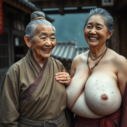 In a medieval Chinese village, an elderly, very petite and malnourished Chinese woman with decayed teeth wears a long, fully-closed Buddhist robe