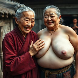 In a medieval Chinese village, an elderly, very petite and malnourished Chinese woman with decayed teeth wears a long, fully-closed Buddhist robe