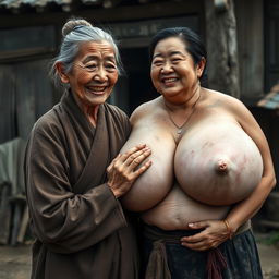 In a medieval Chinese village, an elderly, very petite and malnourished Chinese woman with decayed teeth wears a long, fully-closed Buddhist robe