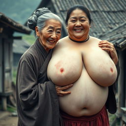 In a medieval Chinese village, an elderly, very petite and malnourished Chinese woman with decayed teeth wears a long, fully-closed Buddhist robe