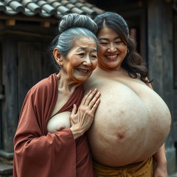 In a medieval Chinese village, an elderly, very petite and malnourished Chinese woman with decayed teeth wears a long, fully-closed Buddhist robe