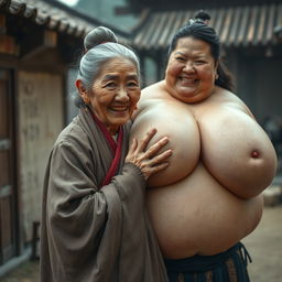In a medieval Chinese village, an elderly, very petite and malnourished Chinese woman with decayed teeth wears a long, fully-closed Buddhist robe