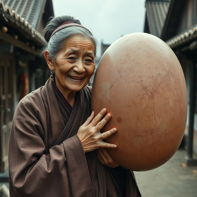 In a medieval Chinese village, an elderly, very petite and malnourished Chinese woman with decayed teeth wears a long, fully-closed Buddhist robe