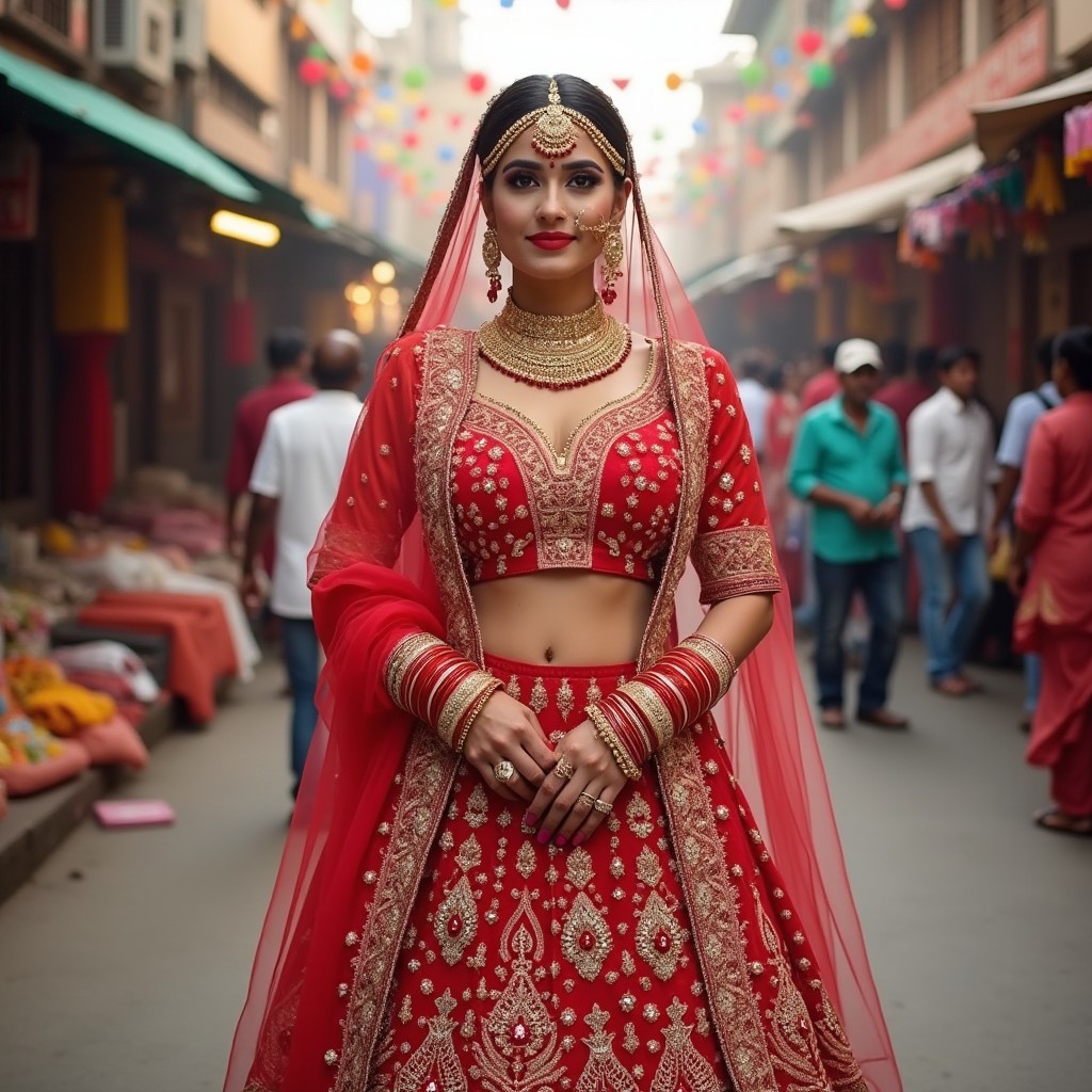 A beautiful Indian bride dressed in a vibrant red and gold traditional lehenga, adorned with intricate embroidery and sparkling jewelry, standing confidently in a bustling public market filled with colorful stalls and festive decorations