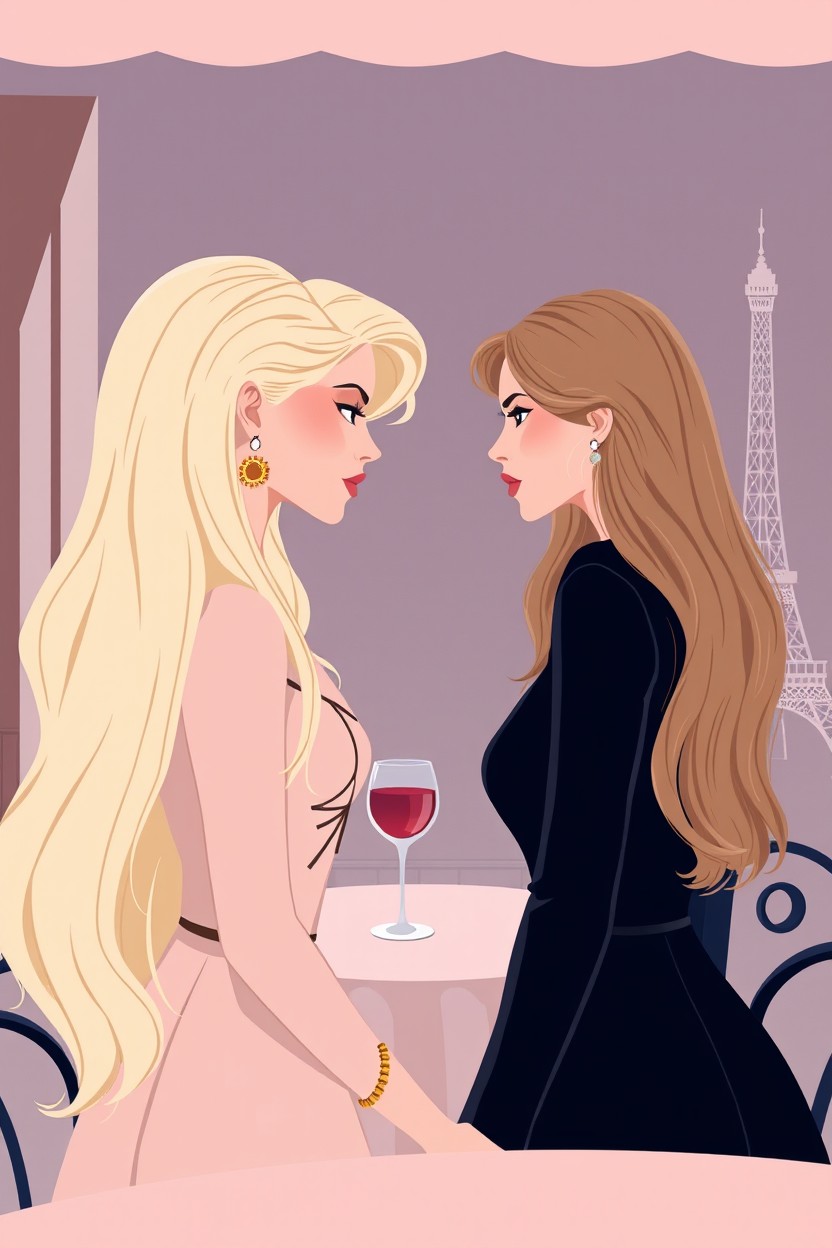 A book cover illustration in a modern pastel psychological thriller style featuring two elegant women in the foreground, facing each other with subtle tension