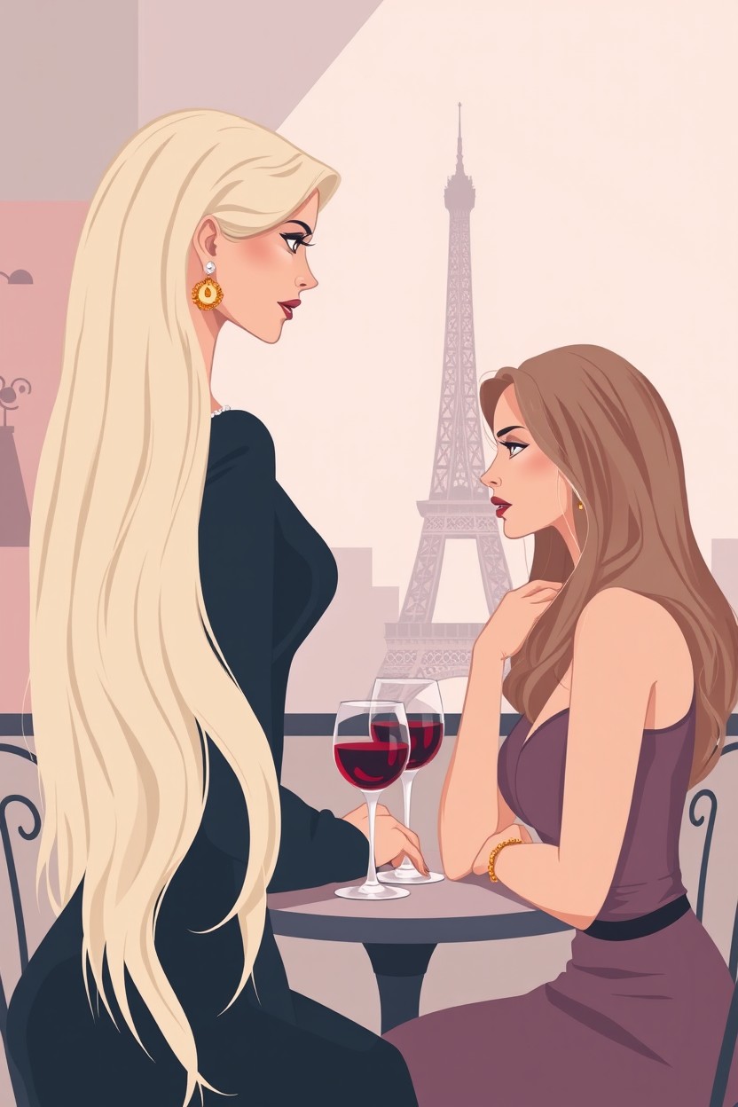 A modern pastel psychological thriller book cover illustration featuring two elegant women in the foreground, facing each other with subtle tension