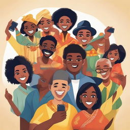 A fun depiction of people from all seven continents coming together and taking a group 'selfie'. Each individual represents their continent's traditional attire and culture, all smiling brightly into the camera.