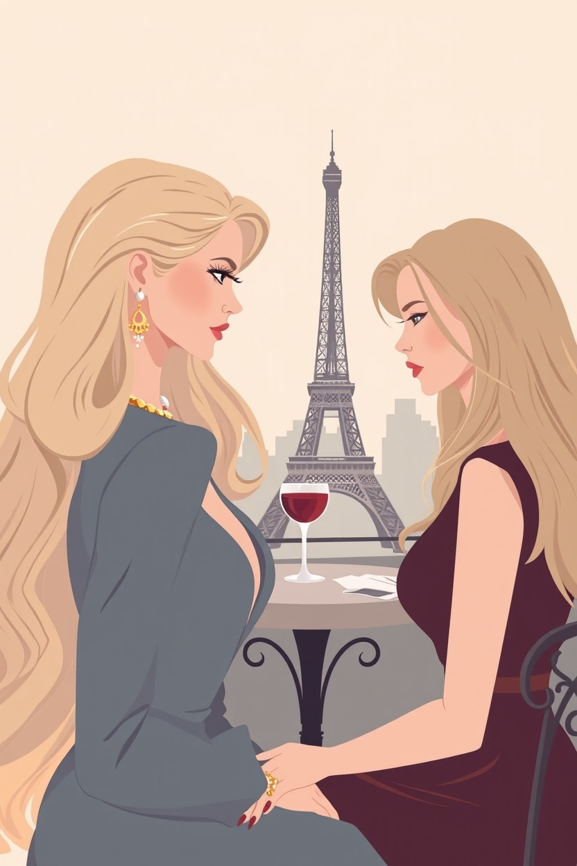 A book cover illustration in a modern pastel psychological thriller style featuring two elegant women in the foreground, facing each other with subtle tension