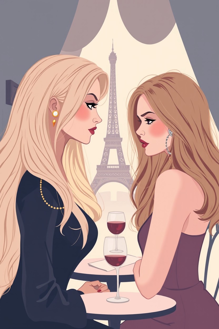 A book cover illustration in a modern pastel psychological thriller style featuring two elegant women in the foreground, facing each other with subtle tension