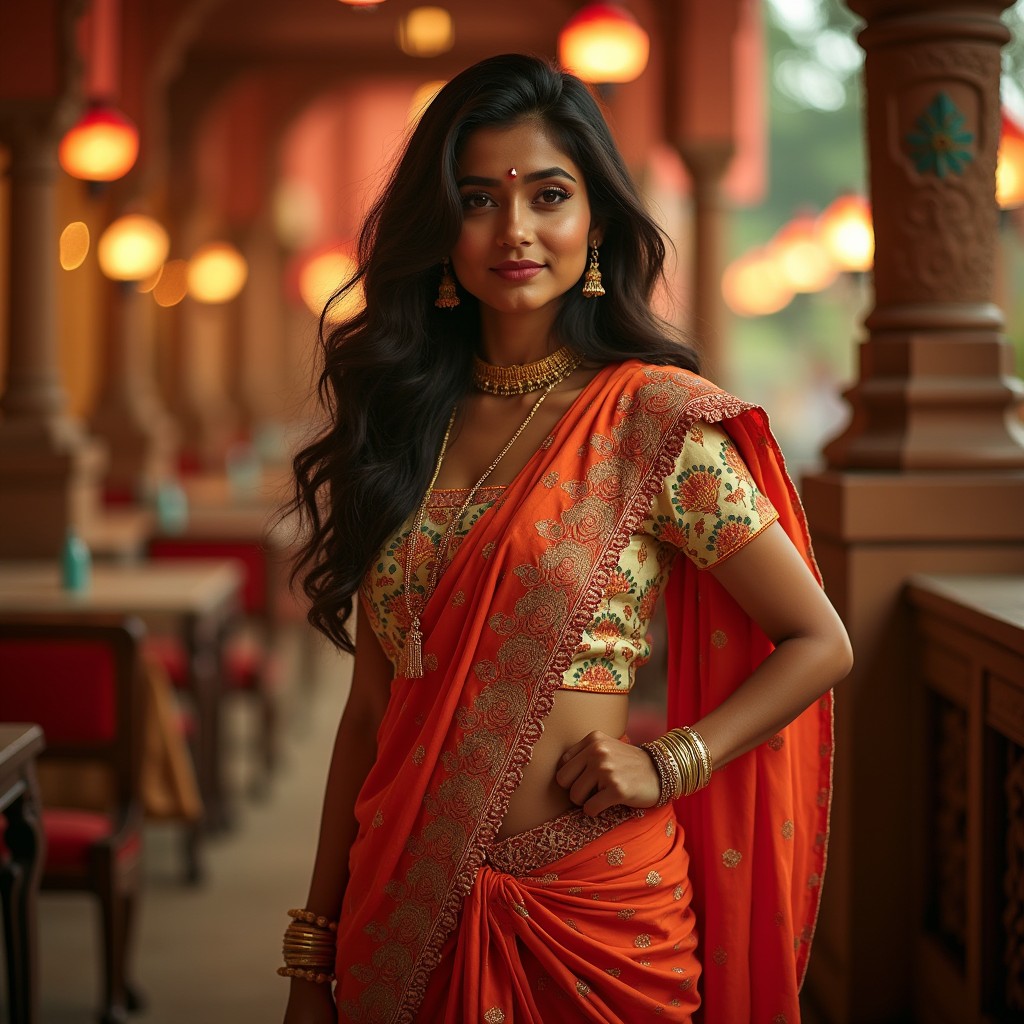 An Indian person with traditional attire, including a colorful kurta and dhoti, artistically depicted in a dynamic pose