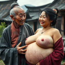 In a medieval Chinese village, an elderly Chinese woman, short and emaciated with rotten teeth and pointy ears, is dressed in a long, fully closed Buddhist robe