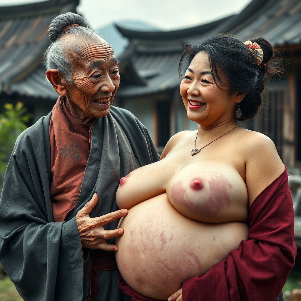 In a medieval Chinese village, an elderly Chinese woman, short and emaciated with rotten teeth and pointy ears, is dressed in a long, fully closed Buddhist robe