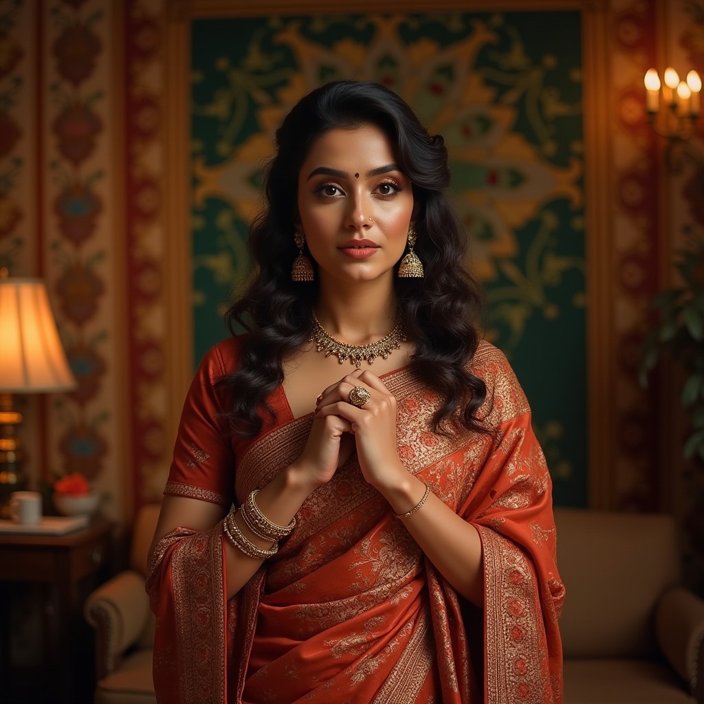 An Indian woman in a traditional saree, elegantly styled with intricate patterns and vibrant colors, is depicted in a theatrical and artistic manner, with her arms gracefully tied with silk ribbons