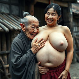 In a medieval Chinese village, an elderly Chinese woman, short and emaciated with rotten teeth and pointy ears, is dressed in a long, fully closed Buddhist robe