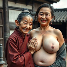 In a medieval Chinese village, an elderly Chinese woman, petite and emaciated with decayed teeth, wearing a fully closed long Buddhist robe and styled with a traditional bun hairstyle, adorned with medieval earrings