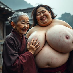 In a medieval Chinese village, an elderly Chinese woman, petite and emaciated with decayed teeth, wearing a fully closed long Buddhist robe and styled with a traditional bun hairstyle, adorned with medieval earrings