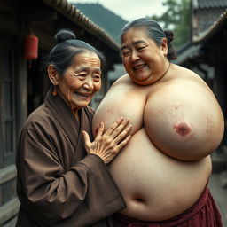 In a medieval Chinese village, an elderly, petite, and emaciated Chinese woman with decayed teeth is dressed in a fully closed long Buddhist robe, her hair styled in a bun, and wearing medieval earrings