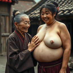 In a medieval Chinese village, an elderly, petite, and emaciated Chinese woman with decayed teeth is dressed in a fully closed long Buddhist robe, her hair styled in a bun, and wearing medieval earrings