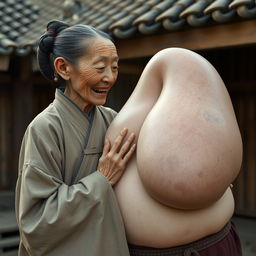 In a medieval Chinese village, an elderly, petite, and emaciated Chinese woman with decayed teeth is dressed in a fully closed long Buddhist robe, her hair styled in a bun, and wearing medieval earrings