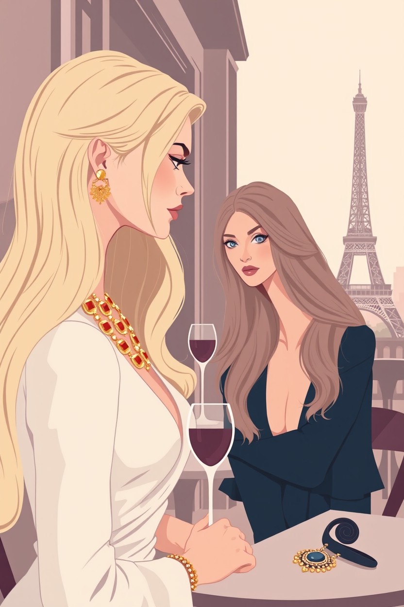 A book cover illustration in a modern pastel psychological thriller style featuring two elegant women in the foreground, facing each other with subtle tension