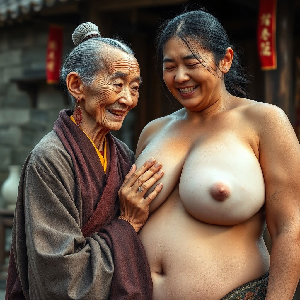 In a medieval Chinese village, an elderly, petite, and emaciated Chinese woman with decayed teeth is dressed in a long, fully closed Buddhist robe, her hair styled in a bun, and wearing medieval earrings