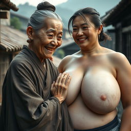 In a medieval Chinese village, an elderly, petite, and emaciated Chinese woman with decayed teeth is dressed in a long, fully closed Buddhist robe, her hair styled in a bun, and wearing medieval earrings