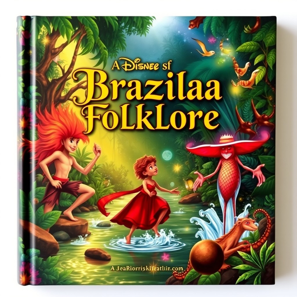 A captivating book cover featuring the rich themes of Brazilian folklore, prominently displaying iconic characters like Curupira with his fiery red hair, the mischievous Saci Pererê on one leg with his red cap, and the enchanting Boto Rosa emerging from the water