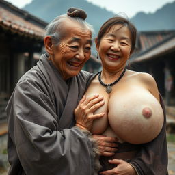 In a medieval Chinese village, an elderly Chinese woman, short and emaciated with rotten teeth, is wearing a long, closed Buddhist robe