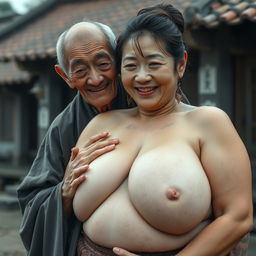 In a medieval Chinese village, an elderly Chinese woman, short and emaciated with rotten teeth, is wearing a long, closed Buddhist robe