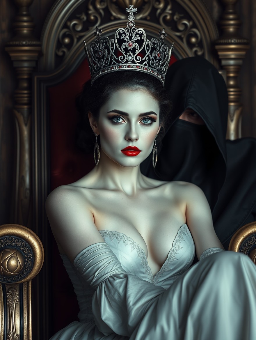 A dark romance scene featuring a woman with porcelain white skin and hypnotic beauty
