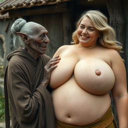 In a medieval village, a short and emaciated elderly Black woman with rotten teeth and elf-like ears is dressed in a long, closed Buddhist robe