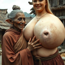 In a medieval village, there is a short and emaciated elderly Black woman with rotten teeth and elf-like ears, dressed in a long, closed Buddhist robe