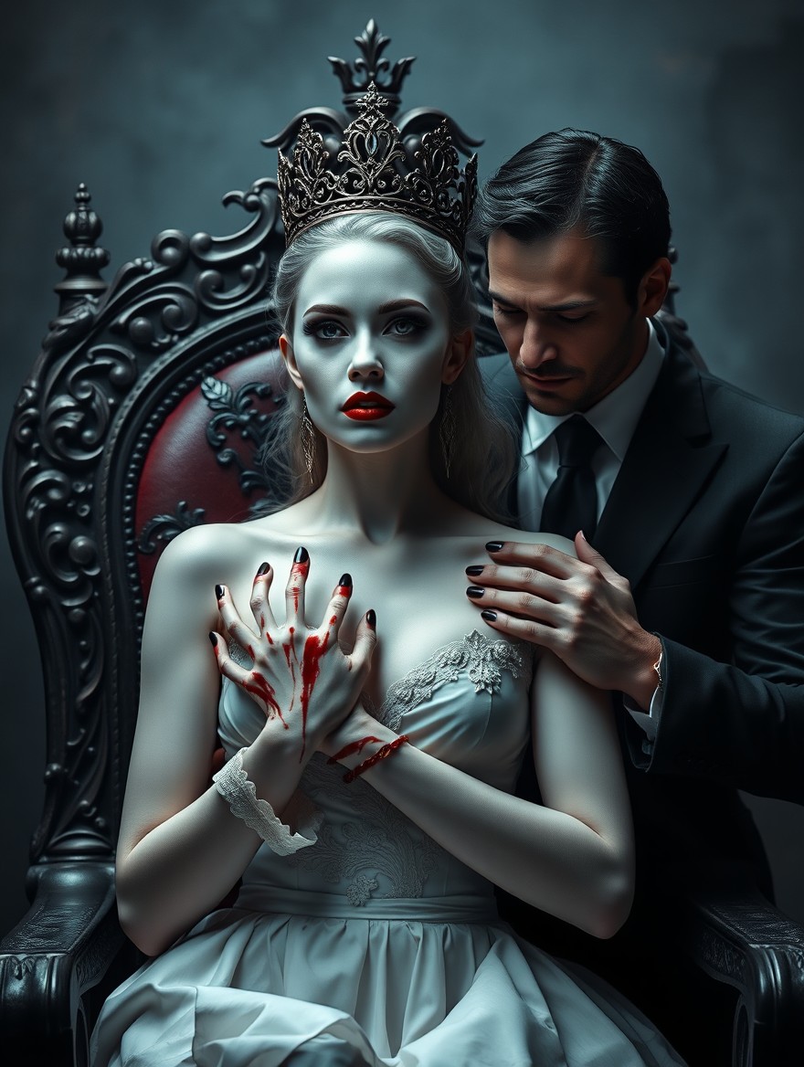 A dark romance scene featuring a woman with porcelain white skin and hypnotic beauty