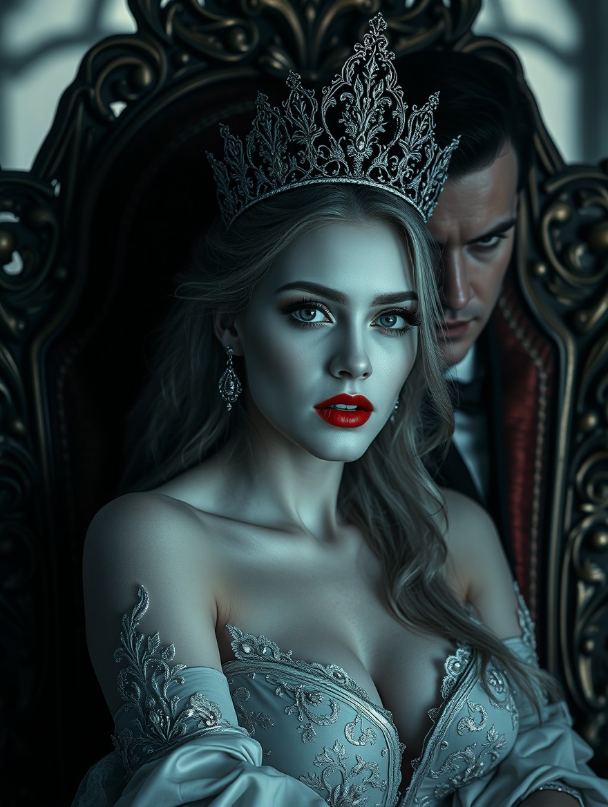 A dark romance scene featuring a woman with porcelain white skin and mesmerizing beauty