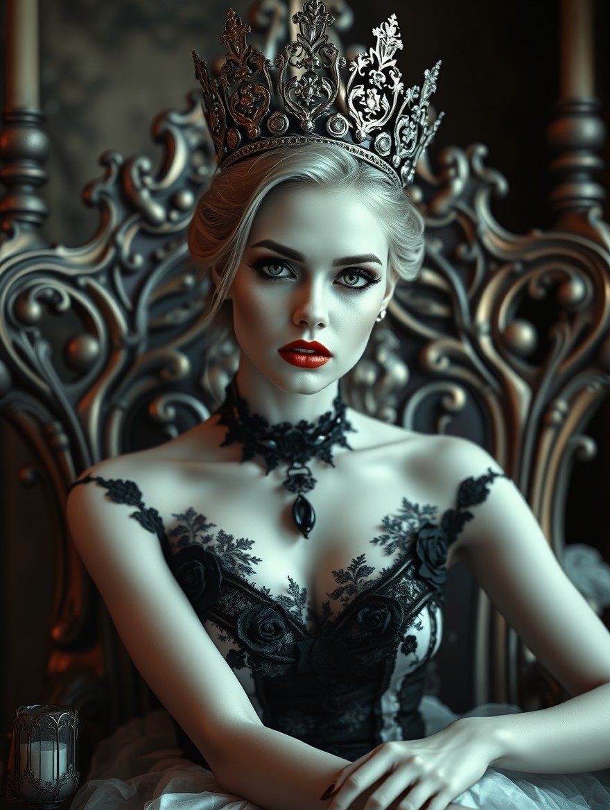 A dark romance scene depicting a woman with porcelain white skin and mesmerizing beauty