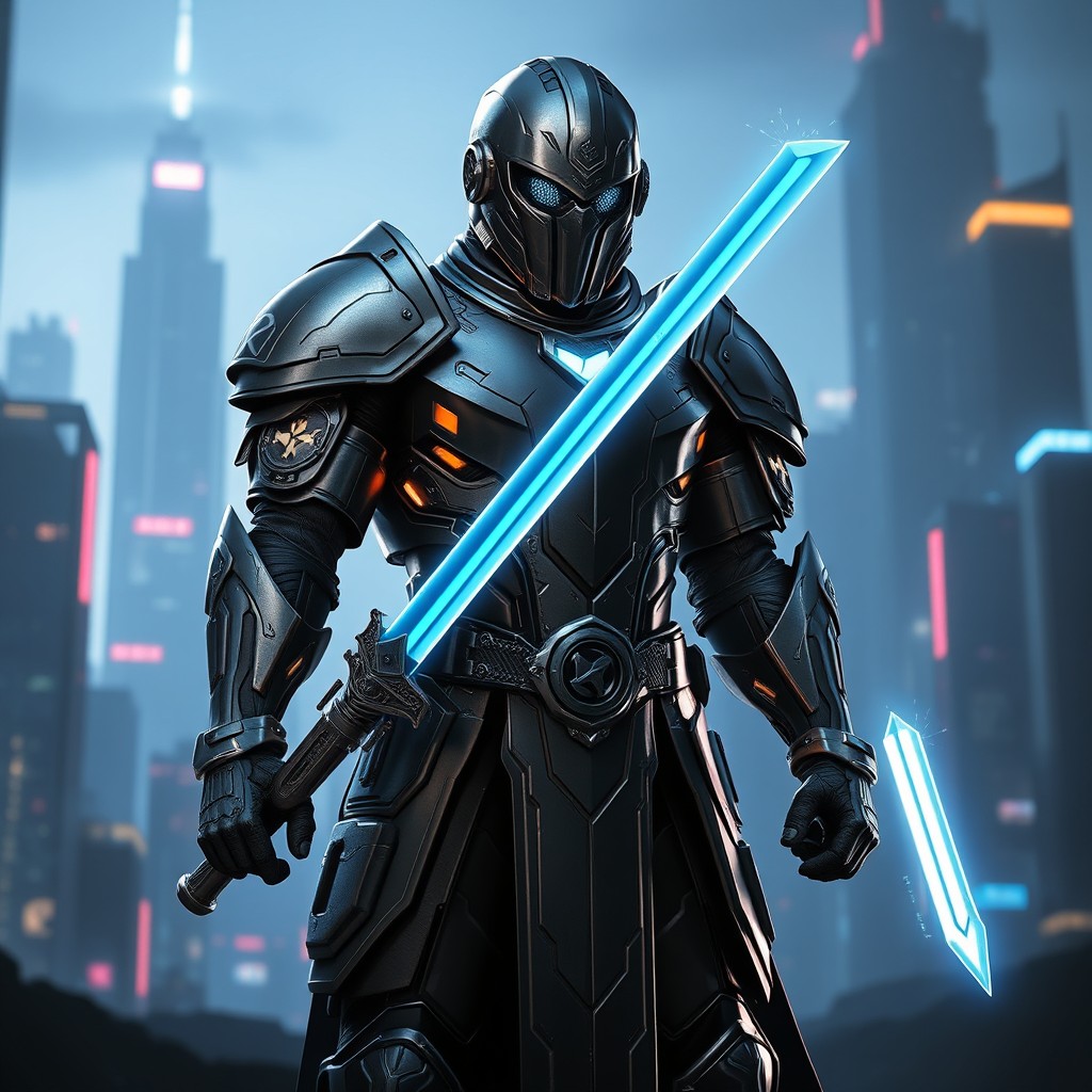 A futuristic paladin standing valiantly, wearing a sleek, high-tech armor that combines medieval elements with modern technology