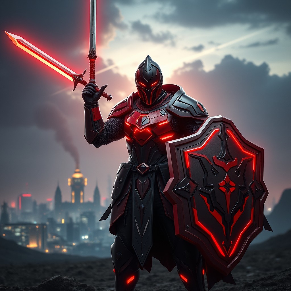 A futuristic paladin wielding a sword and shield, dressed in striking red and black armor that merges classic knightly design with cutting-edge technology
